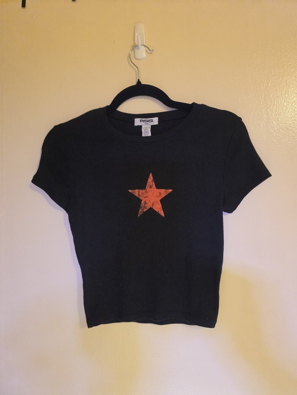 RSQ Black Short Sleeve Tee with Distressed Orange Star